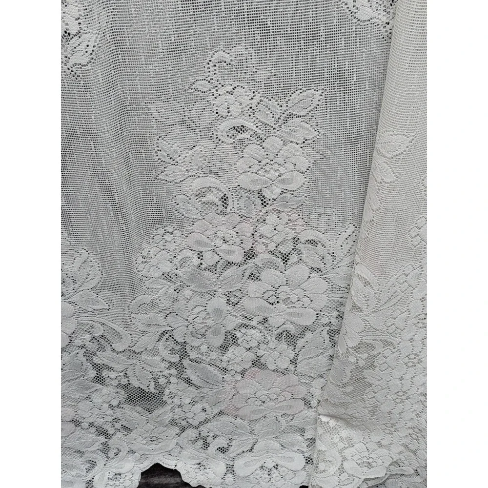 Vintage Lace Curtain Panels White/Pink Roses & 2 Curtain Tiebacks Cottage Core